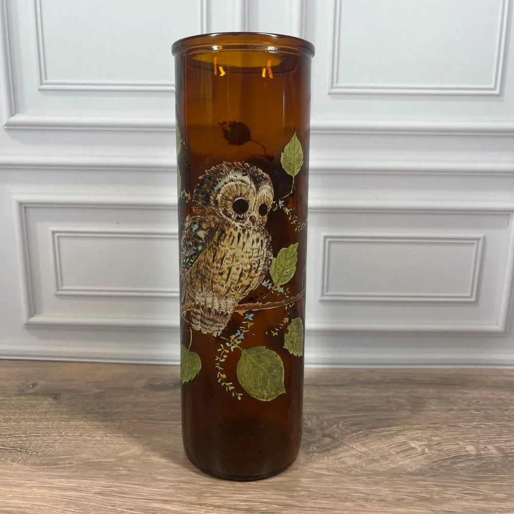 Vintage 1970's Amber Glass Hurricane 9 in Candle Holder Brown Owl Hand Empty MCM